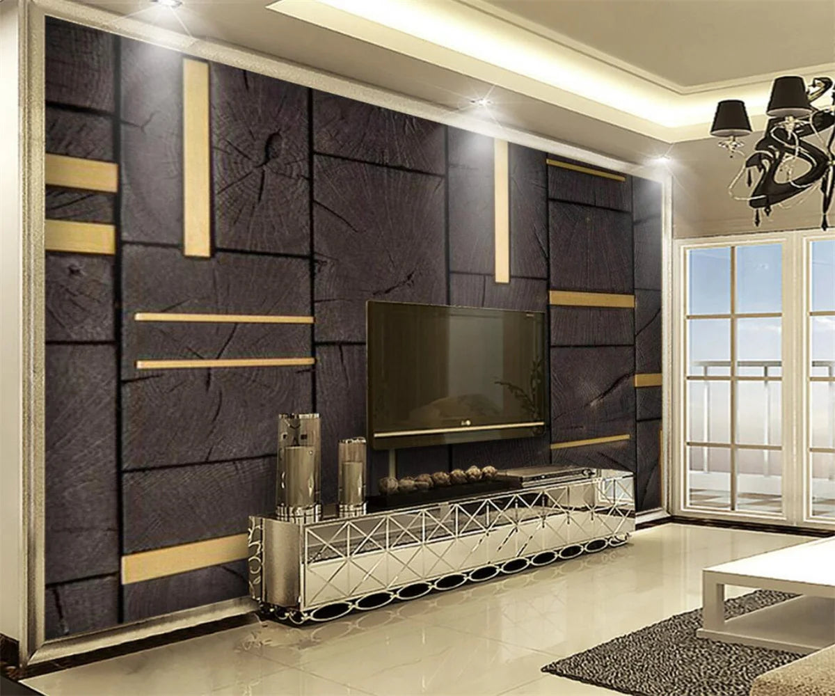 Ella's 3D Wallpaper: Nordic Minimalist Abstract Geometric Square Wood Grain Gold