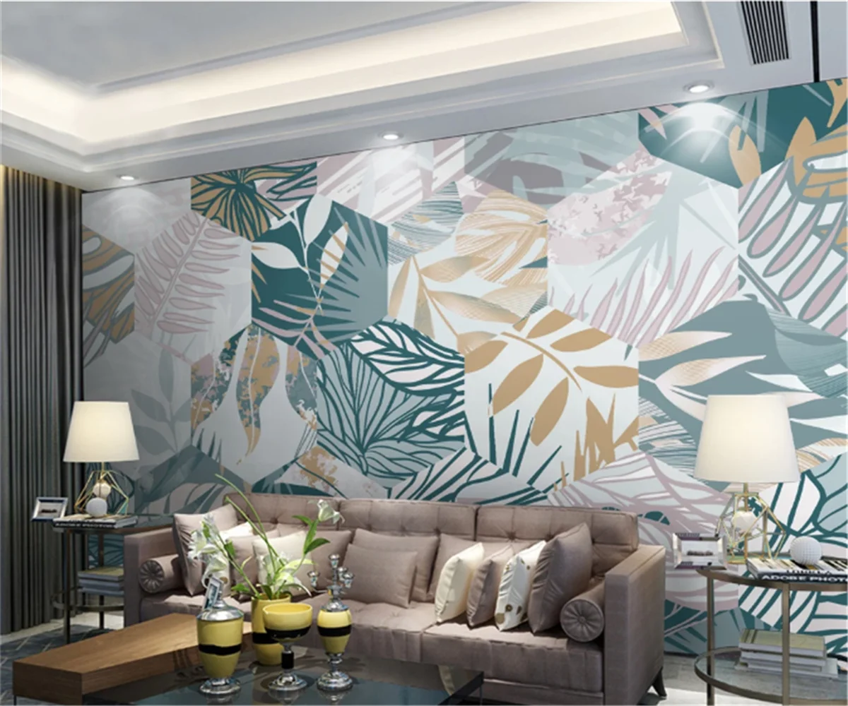 Papier peint mural 3D personnalisé d'Elizabeth : ligne géométrique de feuilles de plantes tropicales nordiques