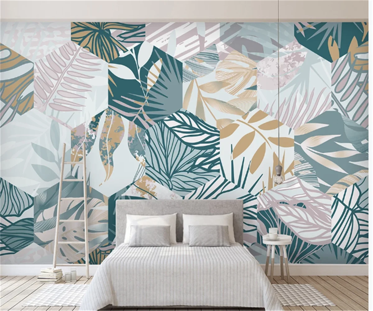 Papier peint mural 3D personnalisé d'Elizabeth : ligne géométrique de feuilles de plantes tropicales nordiques
