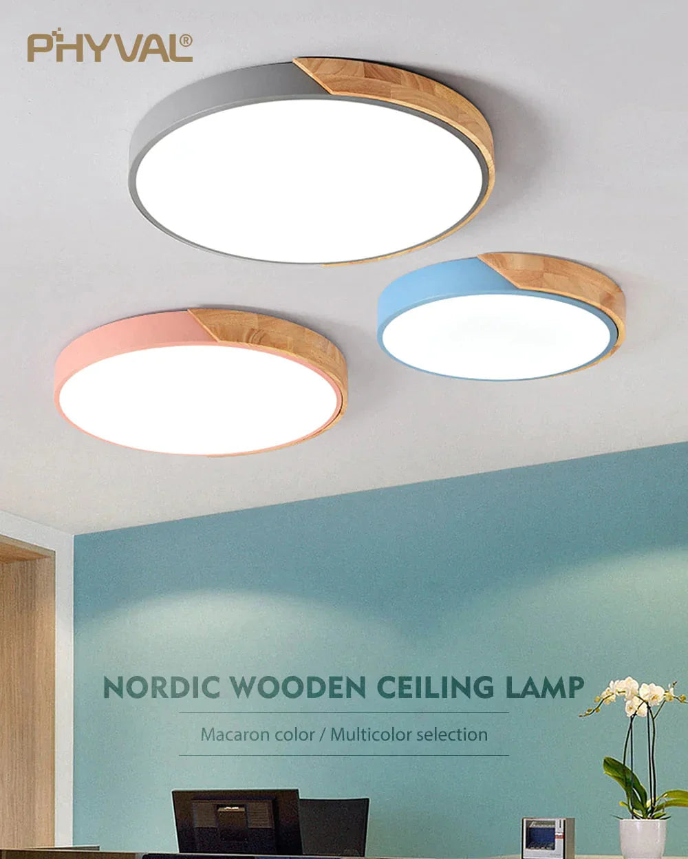 Nordic Wooden Ceiling Lamp Dimmable Led Ceiling Lights Round 30-60 Size Diameter Ultra-thin 5 cm High 7 Colors Iron Art Macaron