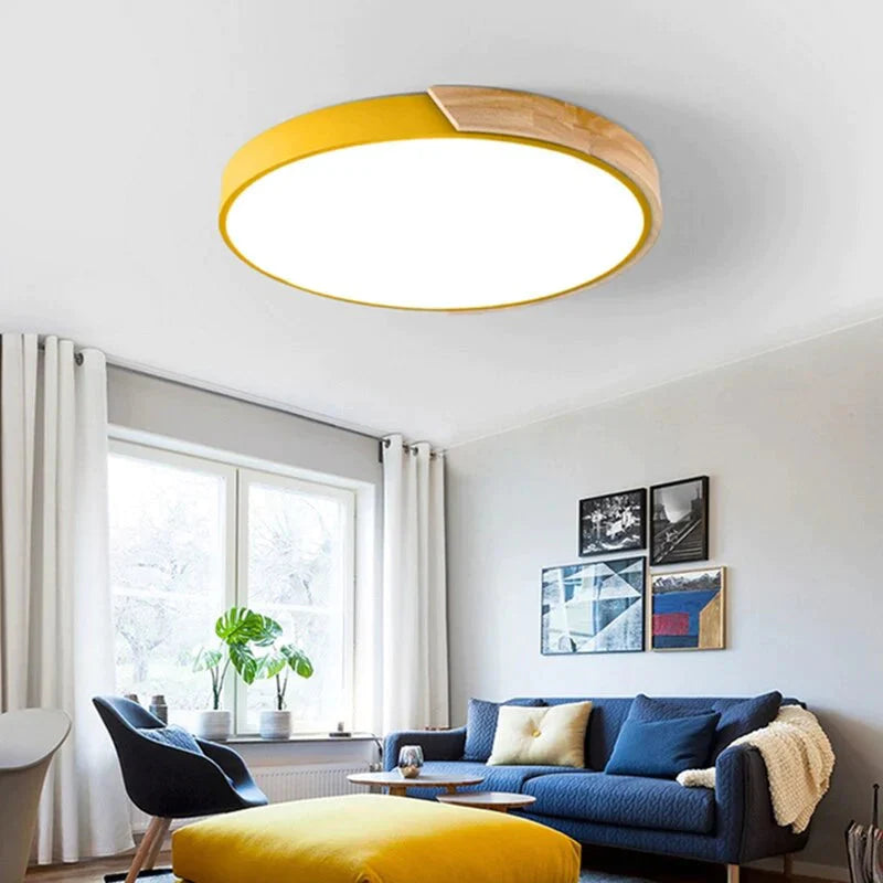 Lampes de plafond simples en bois de mode nordique luminaire rond coloré en aluminium pour chambre à coucher et salon