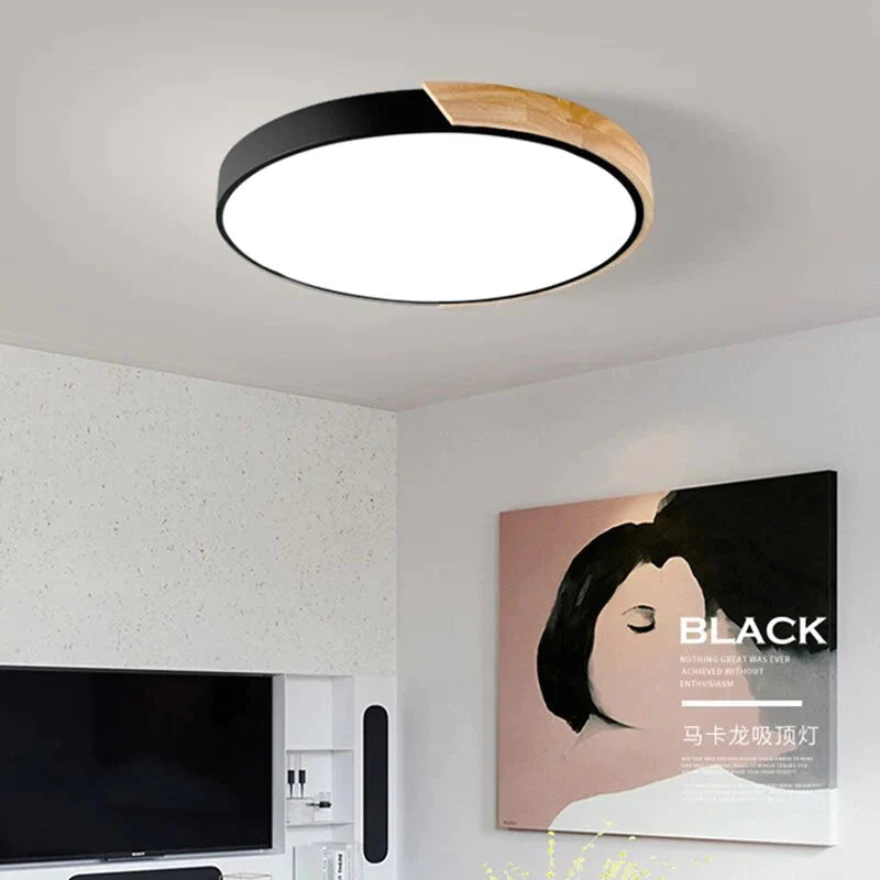 Lampes de plafond simples en bois de mode nordique luminaire rond coloré en aluminium pour chambre à coucher et salon
