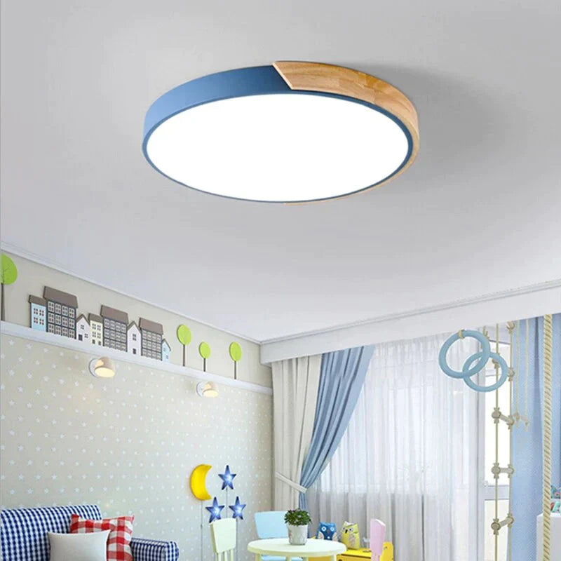 Lampes de plafond simples en bois de mode nordique luminaire rond coloré en aluminium pour chambre à coucher et salon