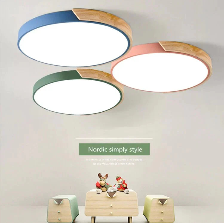 Lampes de plafond simples en bois de mode nordique luminaire rond coloré en aluminium pour chambre à coucher et salon