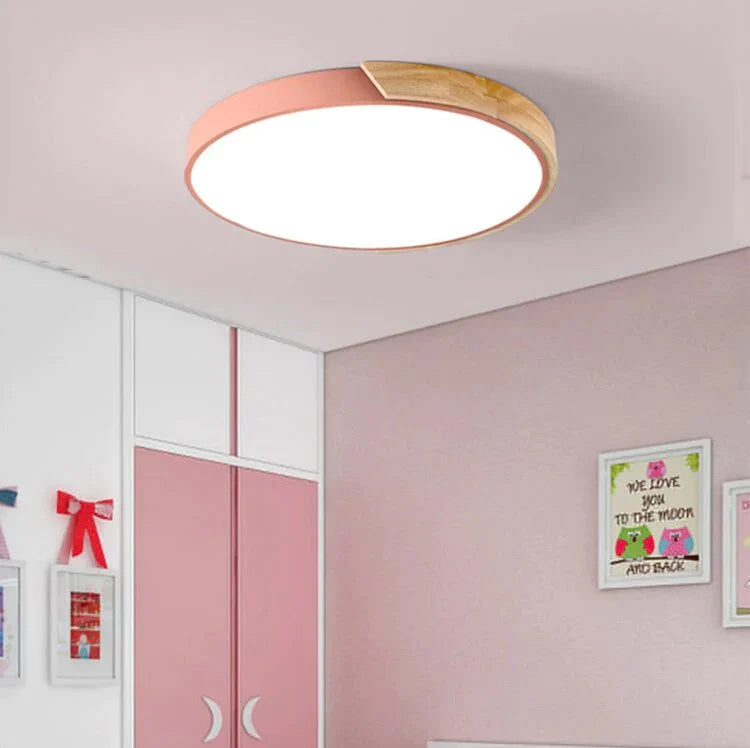 Lampes de plafond simples en bois de mode nordique luminaire rond coloré en aluminium pour chambre à coucher et salon