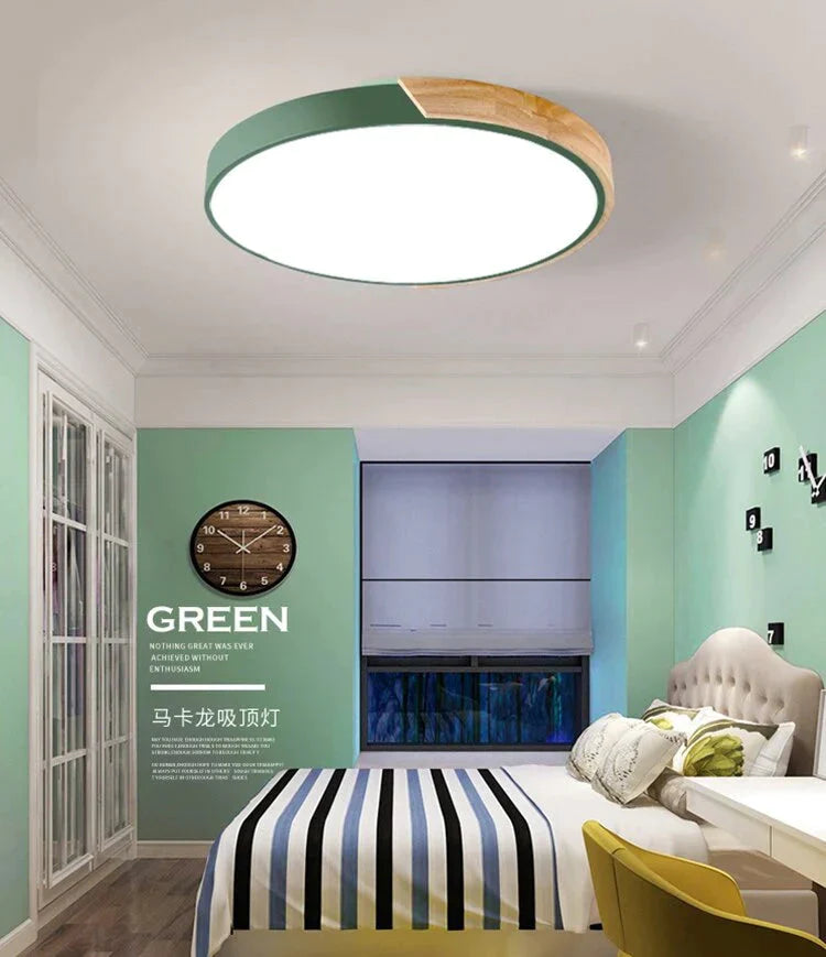 Lampes de plafond simples en bois de mode nordique luminaire rond coloré en aluminium pour chambre à coucher et salon