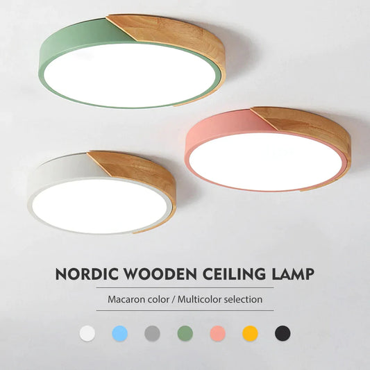 Nordic Wooden Ceiling Lamp Dimmable Led Ceiling Lights Round 30-60 Size Diameter Ultra-thin 5 cm High 7 Colors Iron Art Macaron