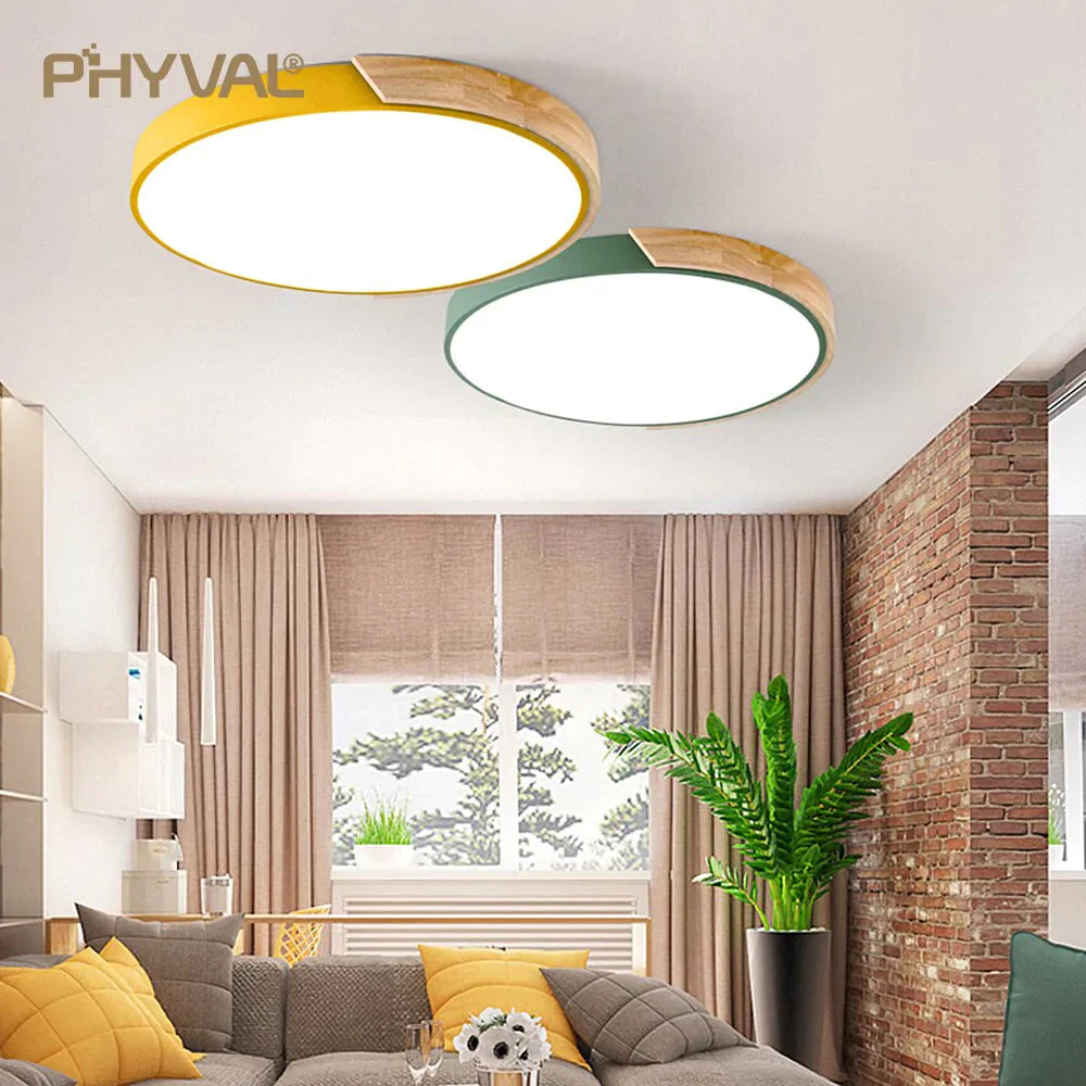 Nordic Wooden Ceiling Lamp Dimmable Led Ceiling Lights Round 30-60 Size Diameter Ultra-thin 5 cm High 7 Colors Iron Art Macaron